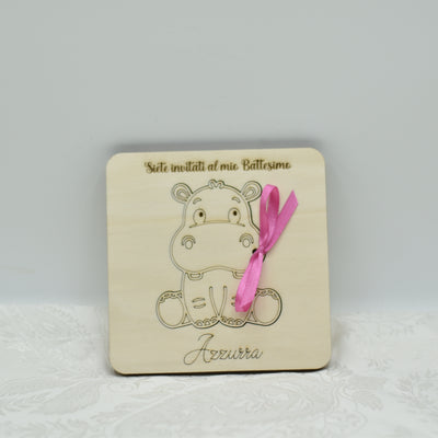 Invito in legno tema Hippo per nascita battesimo compleanno Idea's Cottage
