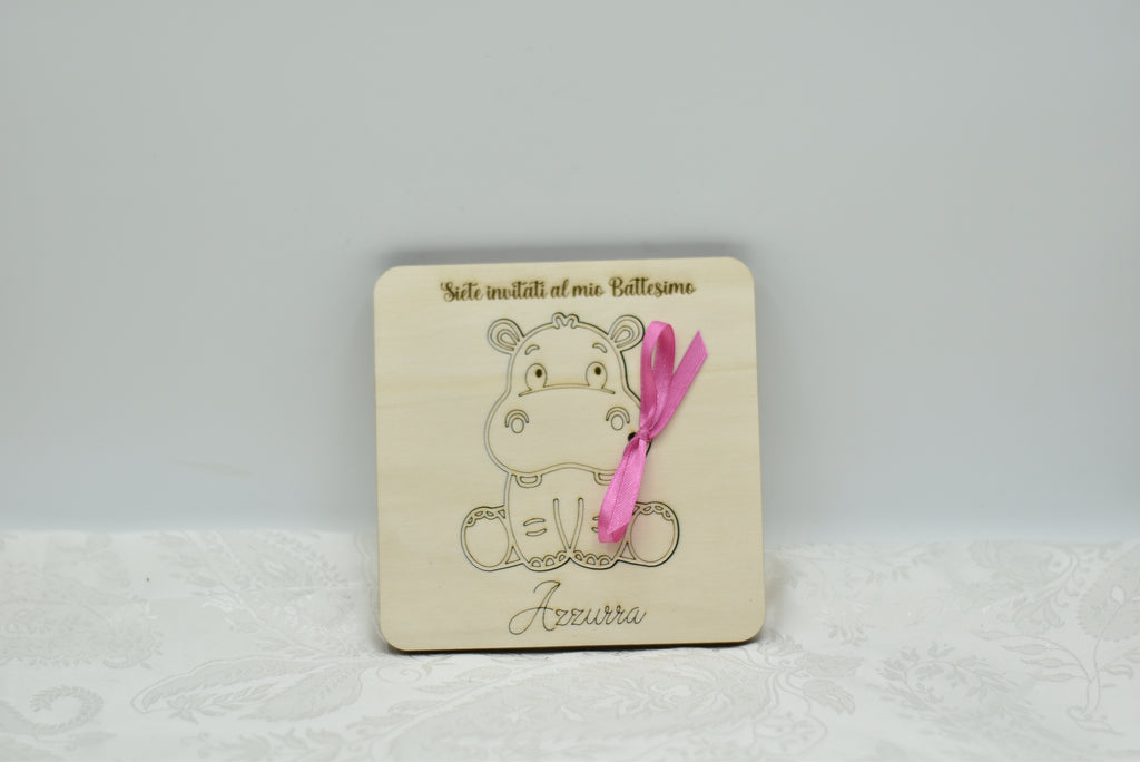 Invito in legno tema Hippo per nascita battesimo compleanno Idea's Cottage