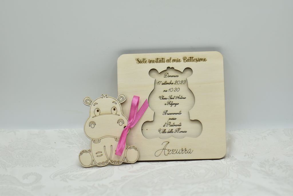 Invito in legno tema Hippo per nascita battesimo compleanno Idea's Cottage