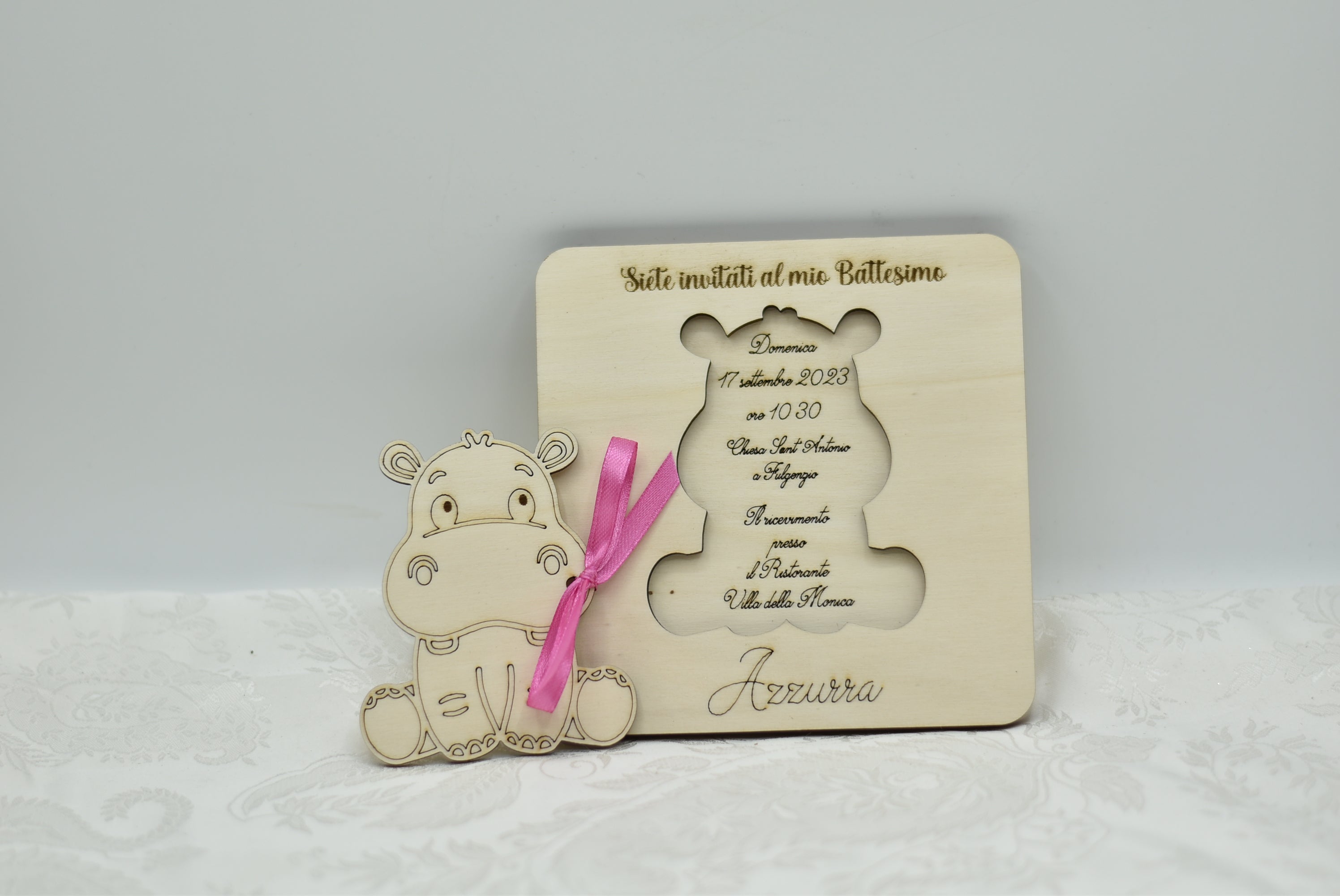 Invito in legno tema Hippo per nascita battesimo compleanno Idea's Cottage