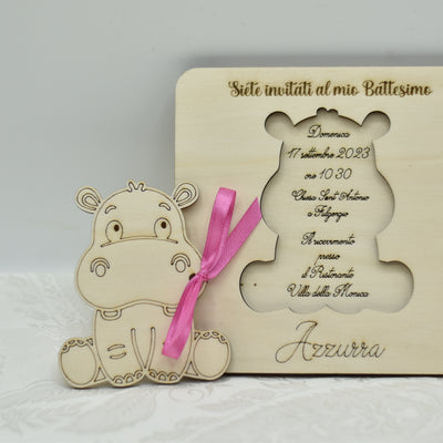 Invito in legno tema Hippo per nascita battesimo compleanno Idea's Cottage