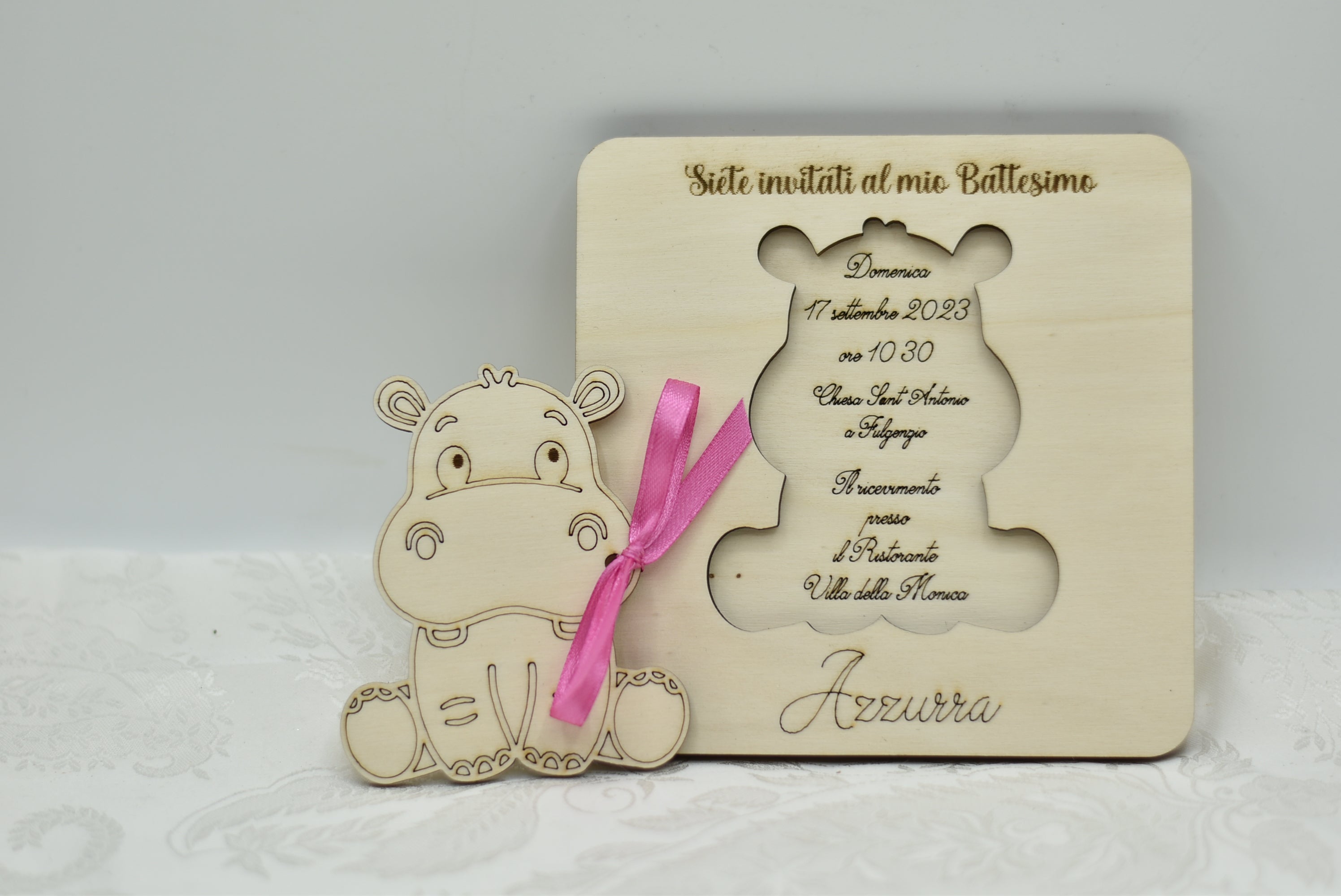 Invito in legno tema Hippo per nascita battesimo compleanno Idea's Cottage