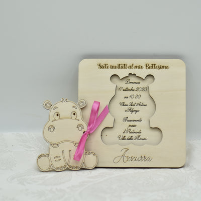 Invito in legno tema Hippo per nascita battesimo compleanno Idea's Cottage