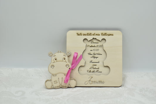 Invito in legno tema Hippo per nascita battesimo compleanno Idea's Cottage