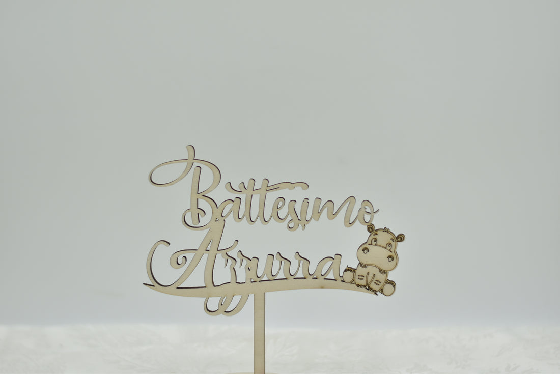 Cake topper in legno tema Hippo per battesimo Idea's Cottage