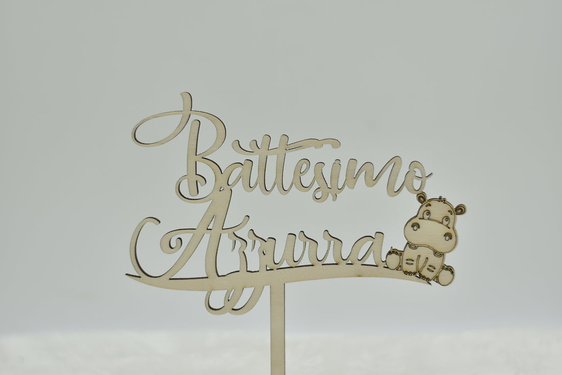 Cake topper in legno tema Hippo per battesimo Idea's Cottage