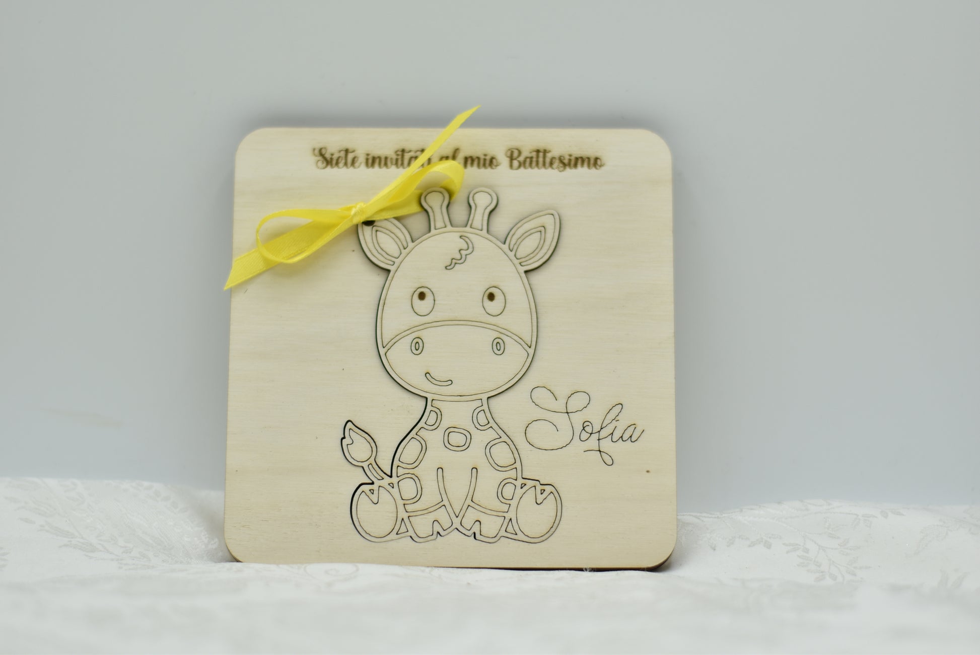 Invito in legno tema Giraffa per nascita battesimo compleanno Idea's Cottage