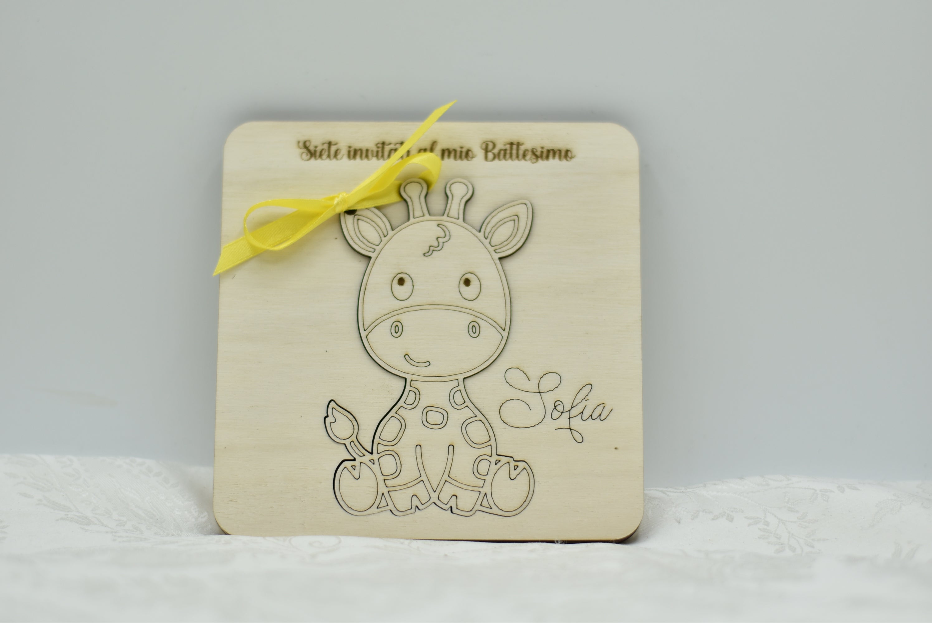 Invito in legno tema Giraffa per nascita battesimo compleanno Idea's Cottage