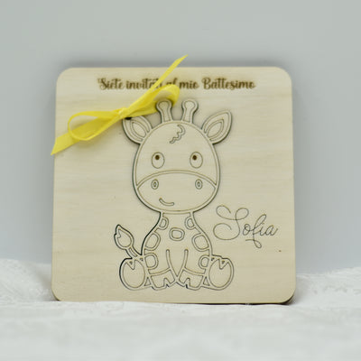 Invito in legno tema Giraffa per nascita battesimo compleanno Idea's Cottage