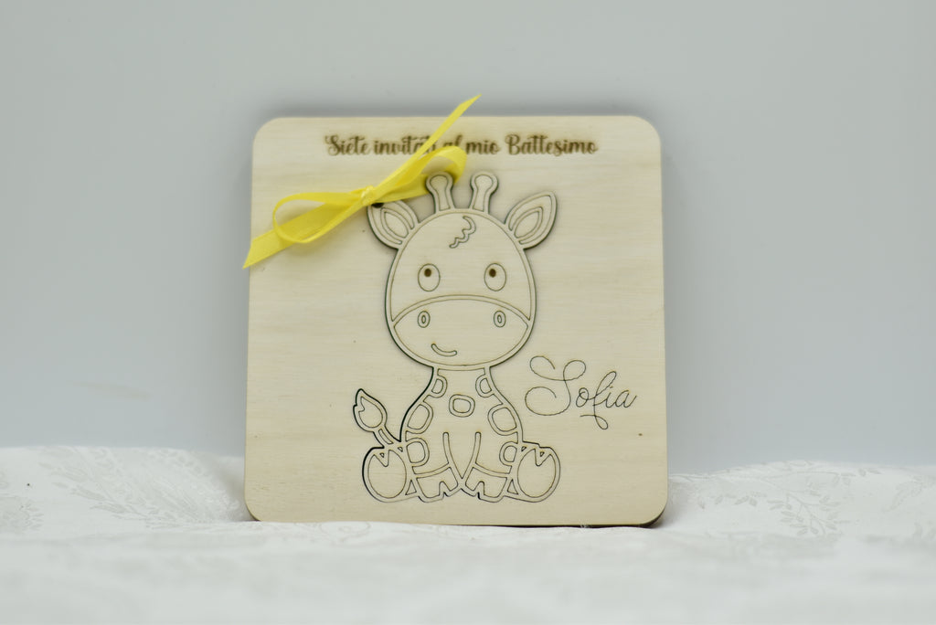 Invito in legno tema Giraffa per nascita battesimo compleanno Idea's Cottage
