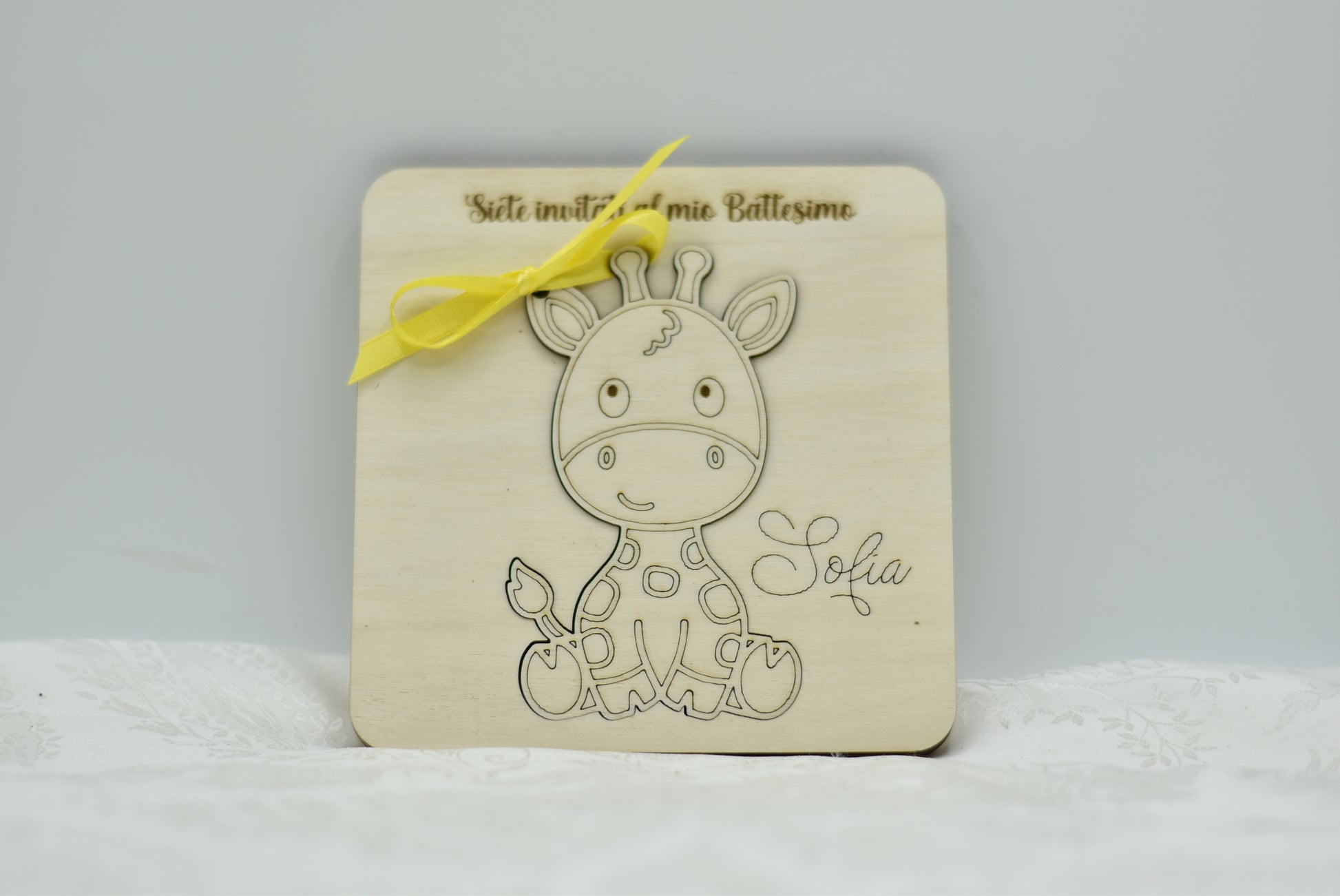 Invito in legno tema Giraffa per nascita battesimo compleanno Idea's Cottage