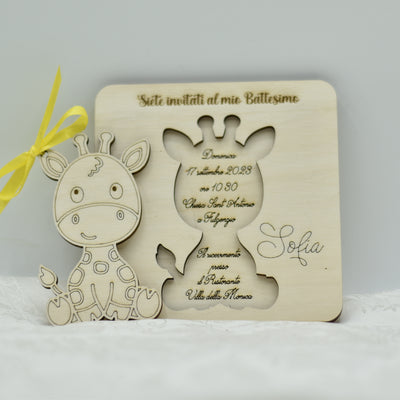 Invito in legno tema Giraffa per nascita battesimo compleanno Idea's Cottage