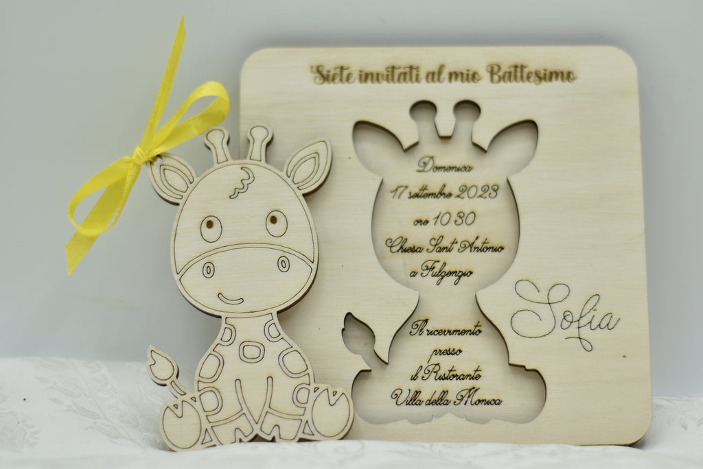 Invito in legno tema Giraffa per nascita battesimo compleanno Idea's Cottage
