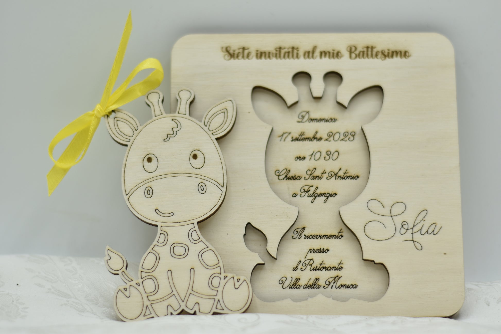 Invito in legno tema Giraffa per nascita battesimo compleanno Idea's Cottage