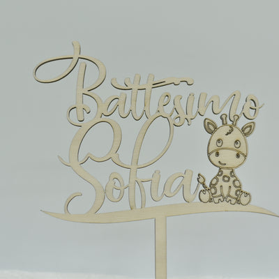 Cake topper in legno personalizzato tema Giraffa per battesimo Idea's Cottage