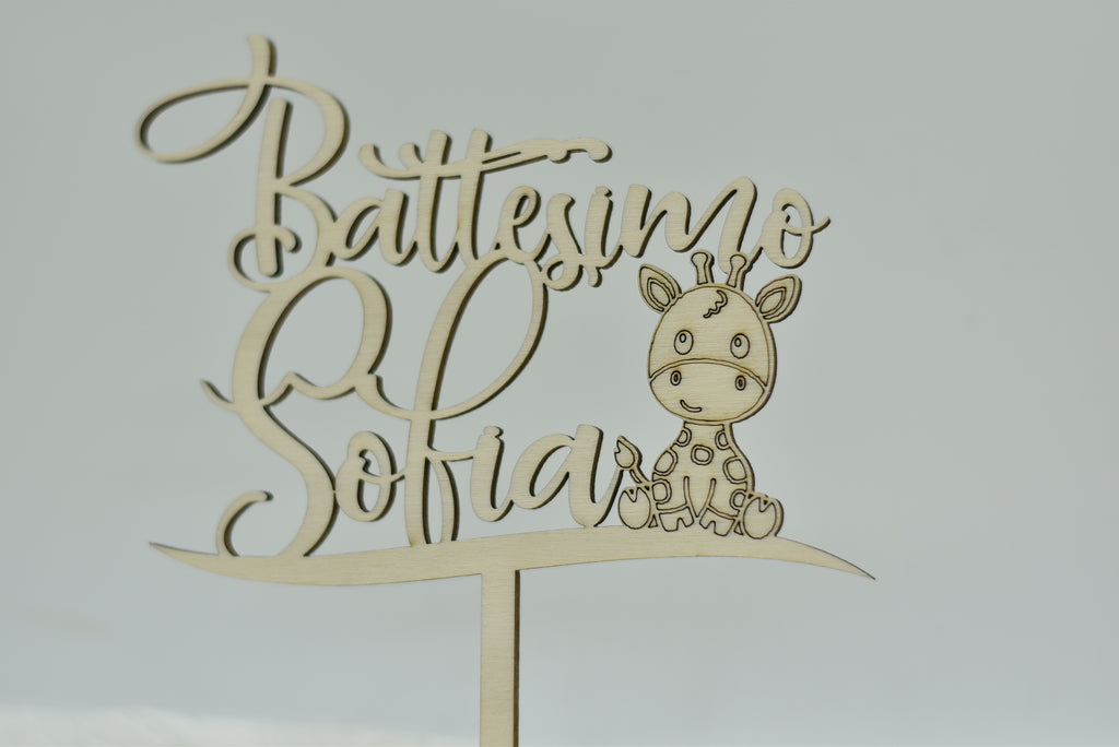 Cake topper in legno personalizzato tema Giraffa per battesimo Idea's Cottage