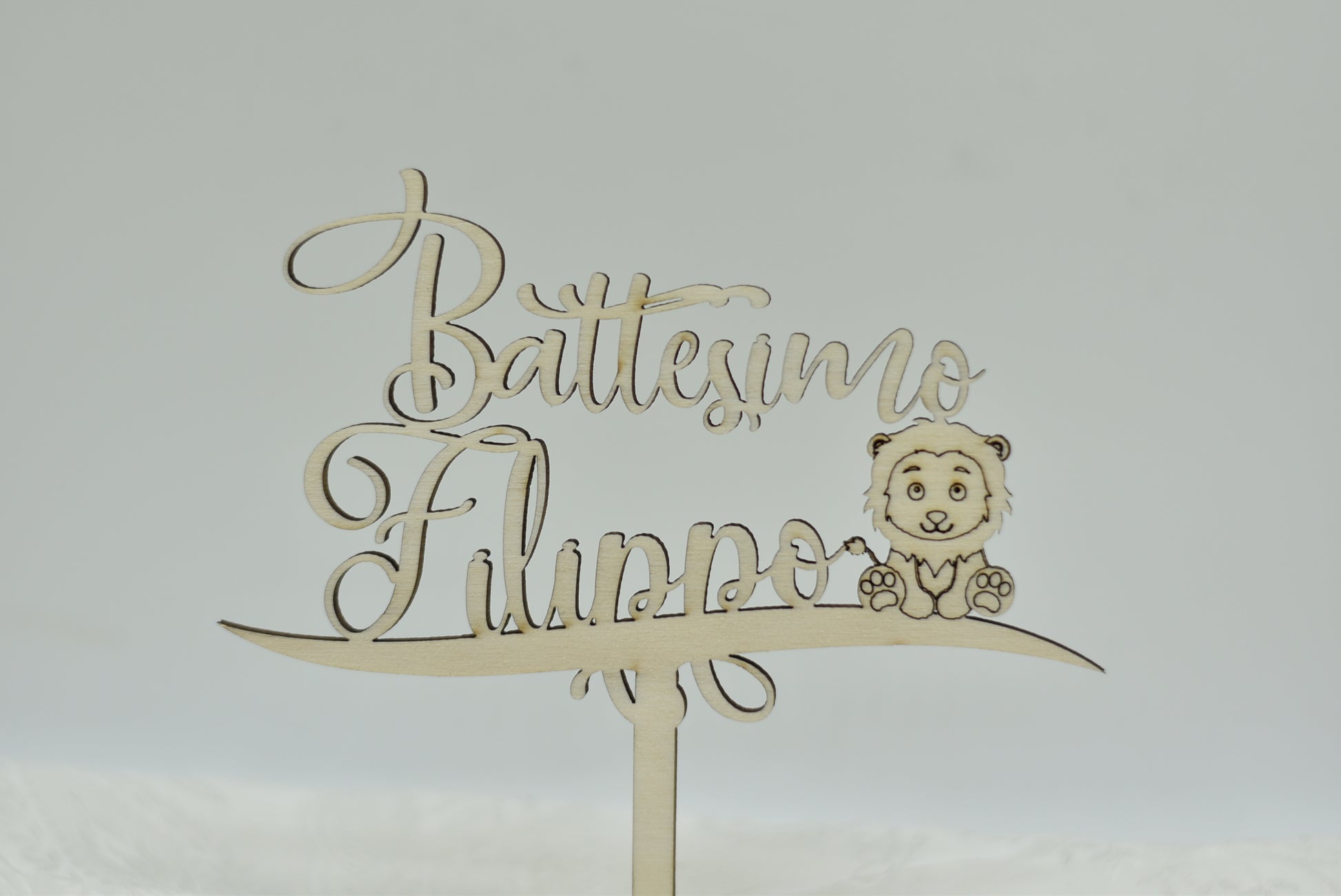 Cake topper in legno tema Leoncino per battesimo Idea's Cottage