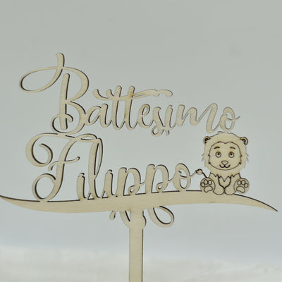 Cake topper in legno tema Leoncino per battesimo Idea's Cottage