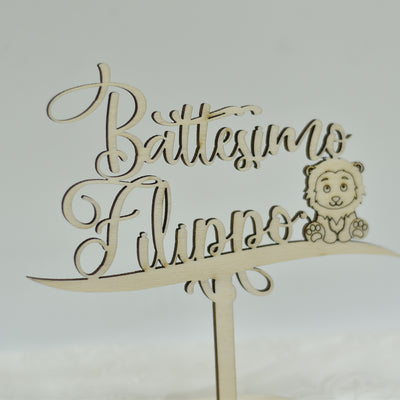 Cake topper in legno tema Leoncino per battesimo Idea's Cottage