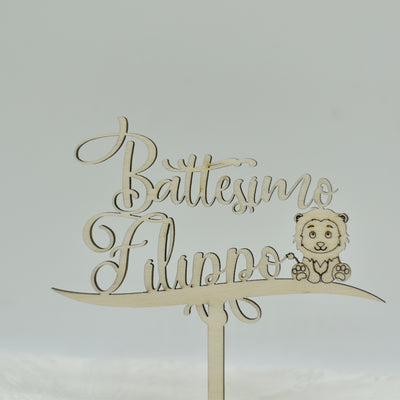Cake topper in legno tema Leoncino per battesimo Idea's Cottage