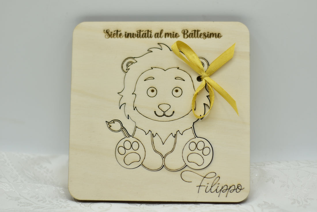 Invito in legno tema leoncino per nascita battesimo compleanno Idea's Cottage