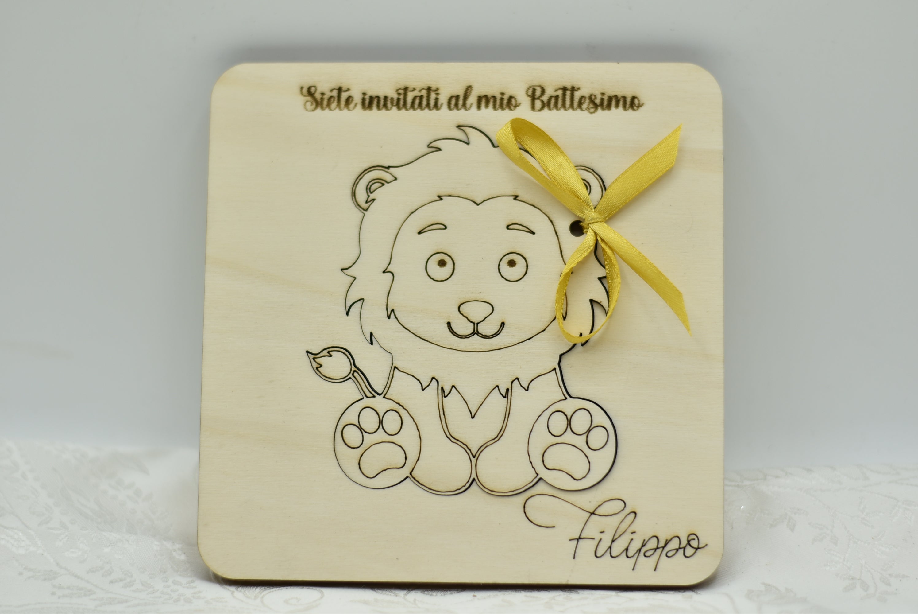 Invito in legno tema leoncino per nascita battesimo compleanno Idea's Cottage