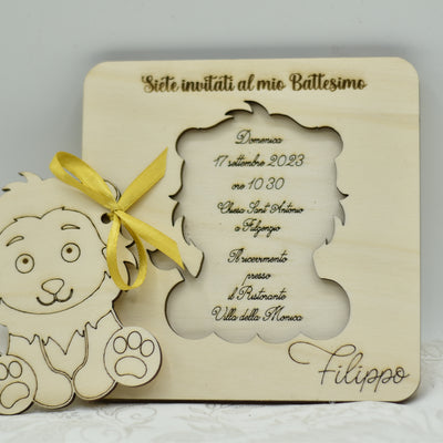 Invito in legno tema leoncino per nascita battesimo compleanno Idea's Cottage