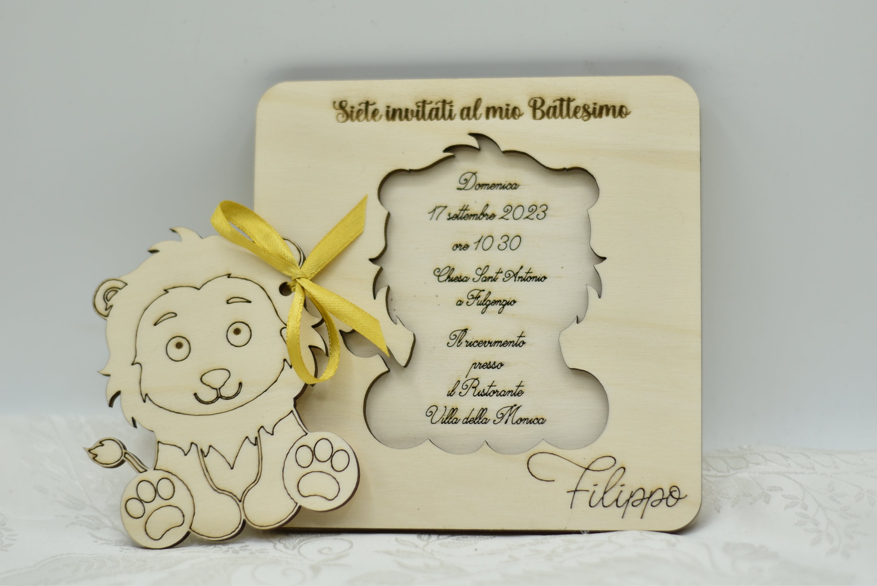 Invito in legno tema leoncino per nascita battesimo compleanno Idea's Cottage