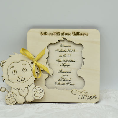Invito in legno tema leoncino per nascita battesimo compleanno Idea's Cottage