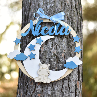 Cerchio nascita con Luna e Stelle personalizzato con nome Idea's Cottage