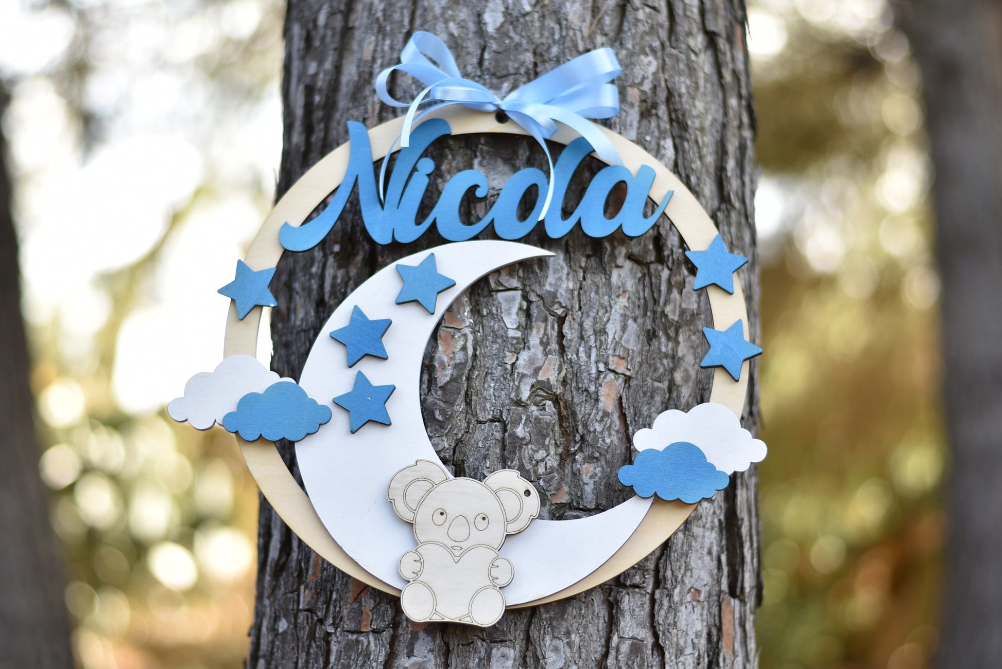 Cerchio nascita con Luna e Stelle personalizzato con nome Idea's Cottage