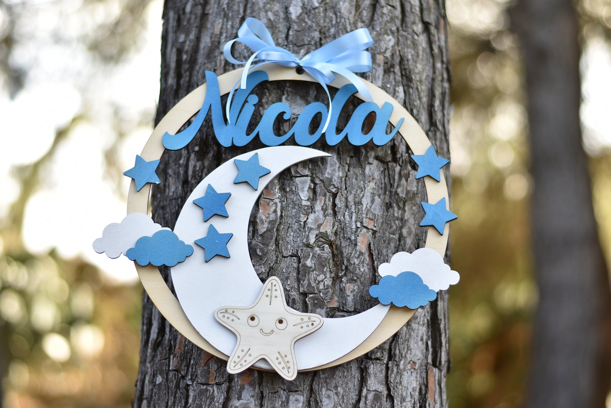 Cerchio nascita con Luna e Stelle personalizzato con nome Idea's Cottage