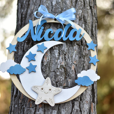 Cerchio nascita con Luna e Stelle personalizzato con nome Idea's Cottage