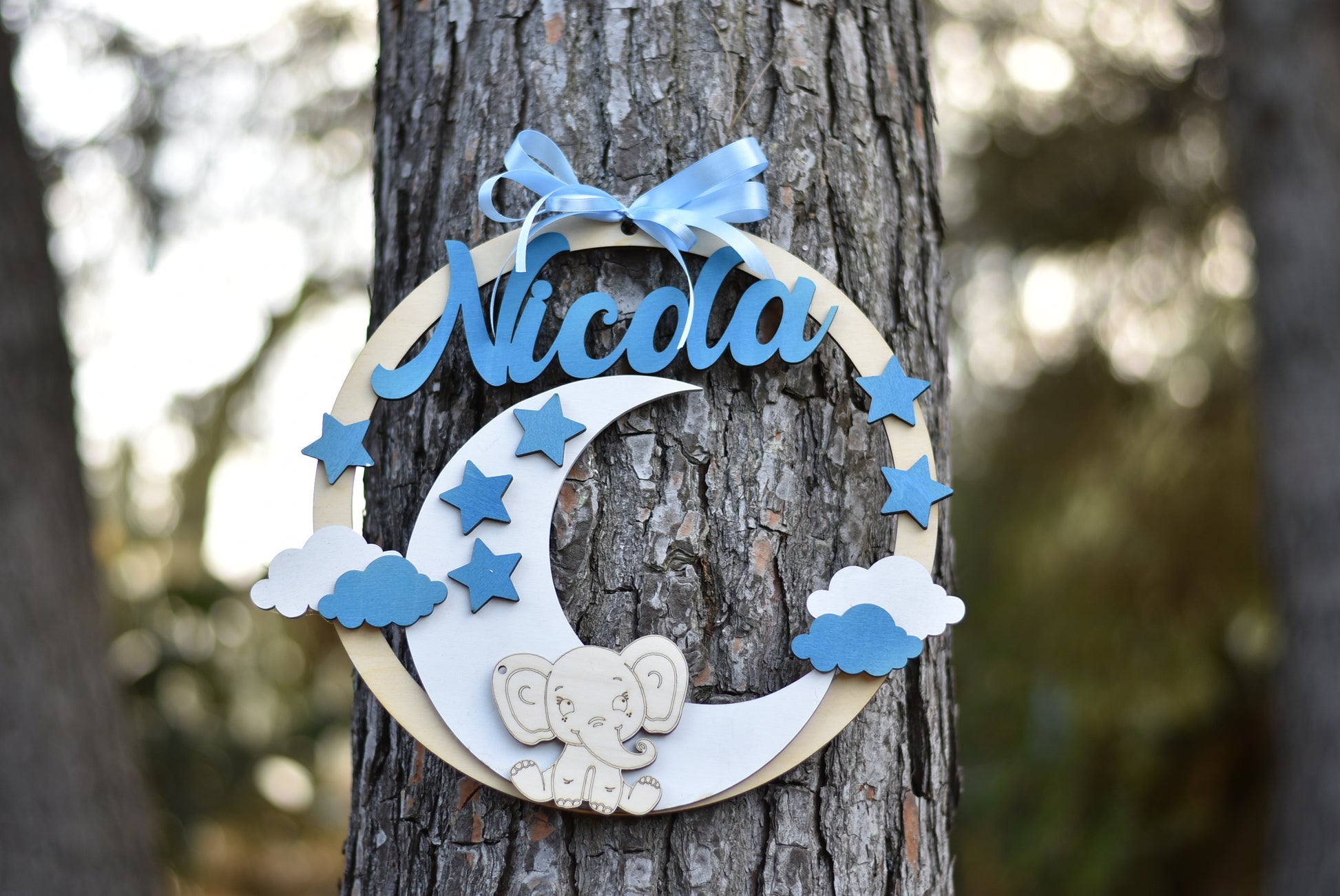 Cerchio nascita con Luna e Stelle personalizzato con nome Idea's Cottage