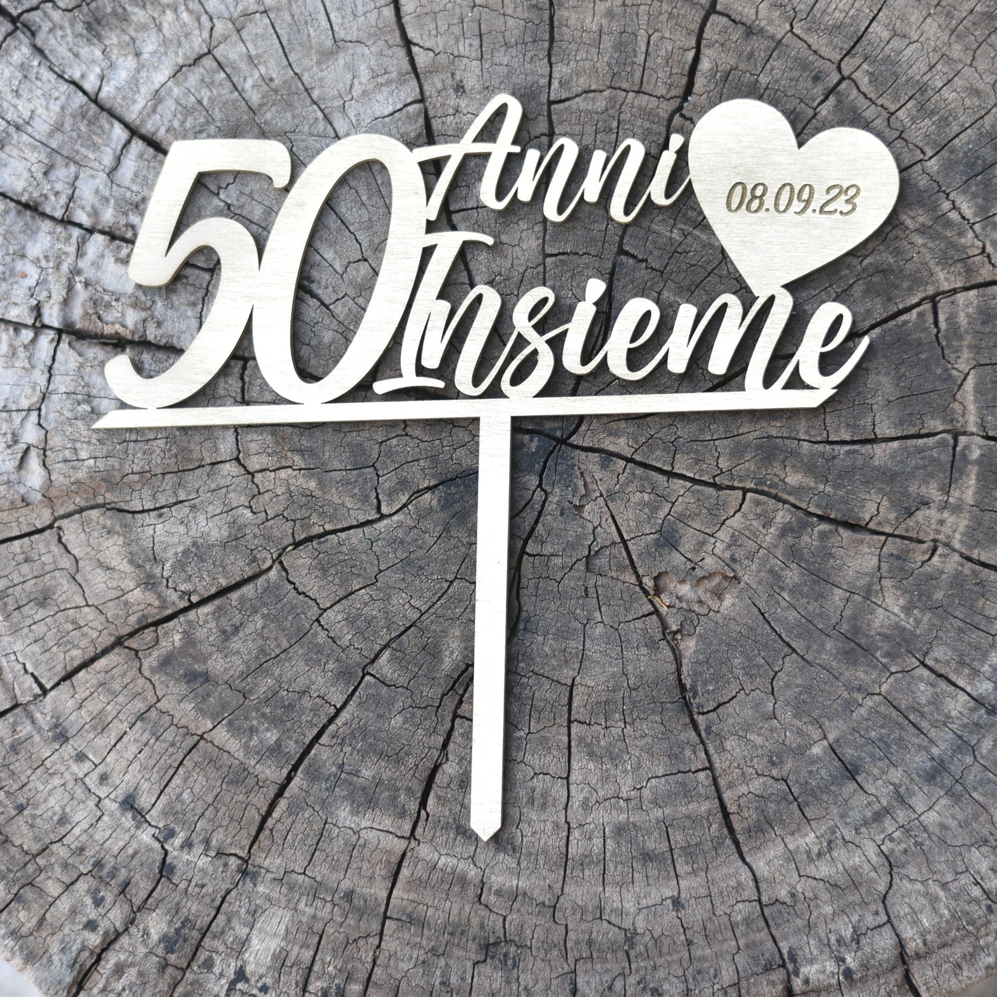 Cake topper in legno 50° anniversario di matrimonio personalizzato