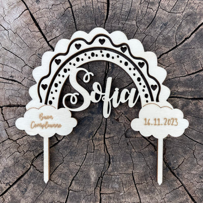 Cake topper in legno arcobaleno personalizzato con nome e data Idea's Cottage