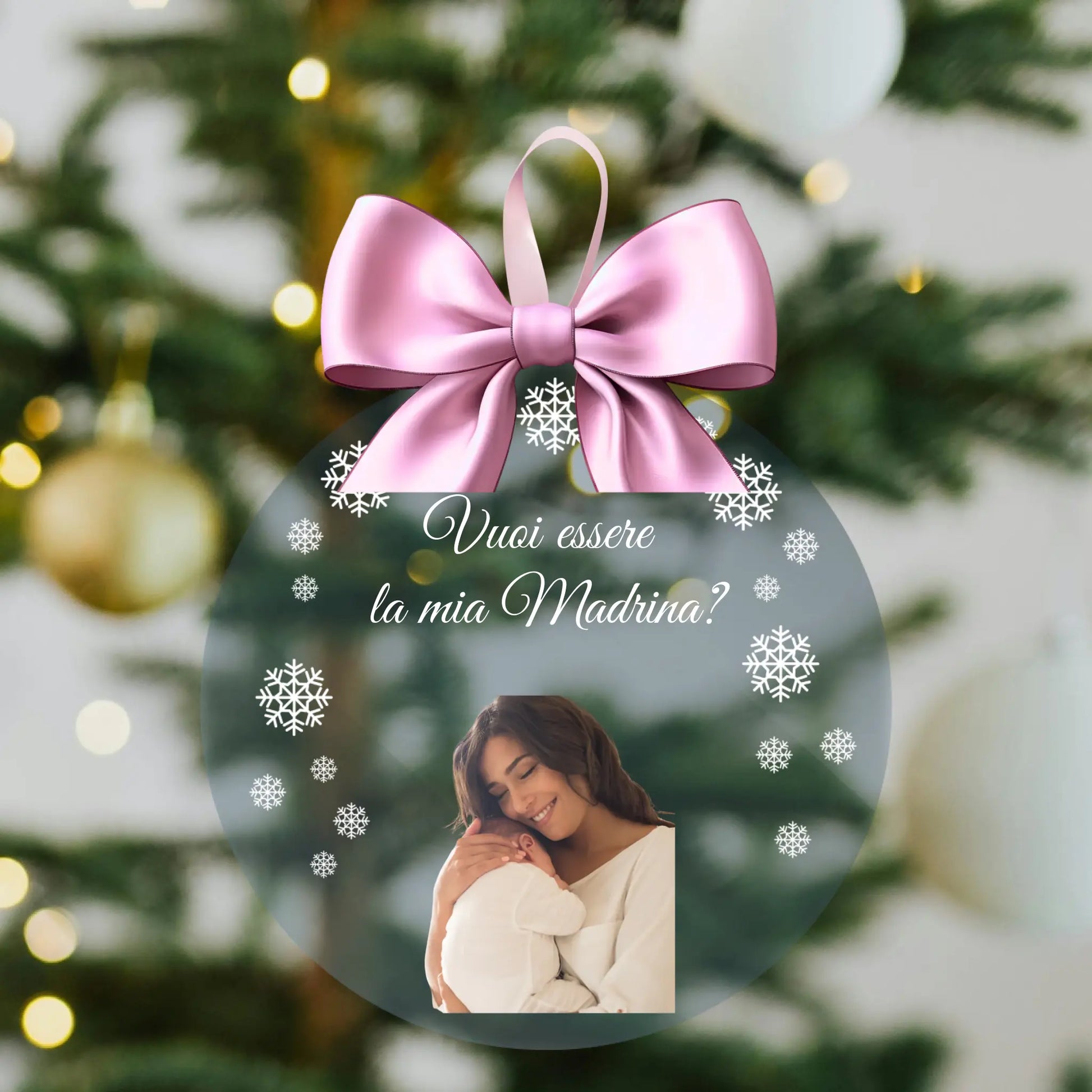 Pallina di Natale in Plexiglass, Decorazione Natalizia Personalizzata con Foto e Fiocchi di Neve “Vuoi Essere la Mia Madrina?” – Idea Addobbo per l’Albero, Regalo Natale Madrina, Padrino 