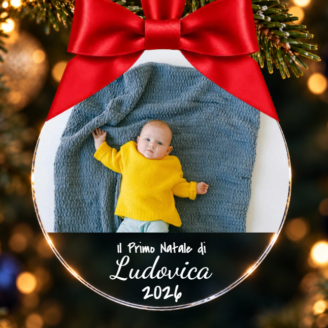 Pallina di Natale in Plexiglass, Decorazione Natalizia Personalizzata con Foto e Cuori Lineart – Idea Addobbo per l’Albero, Regalo Primo Natale, Nascita, Neo Genitori 