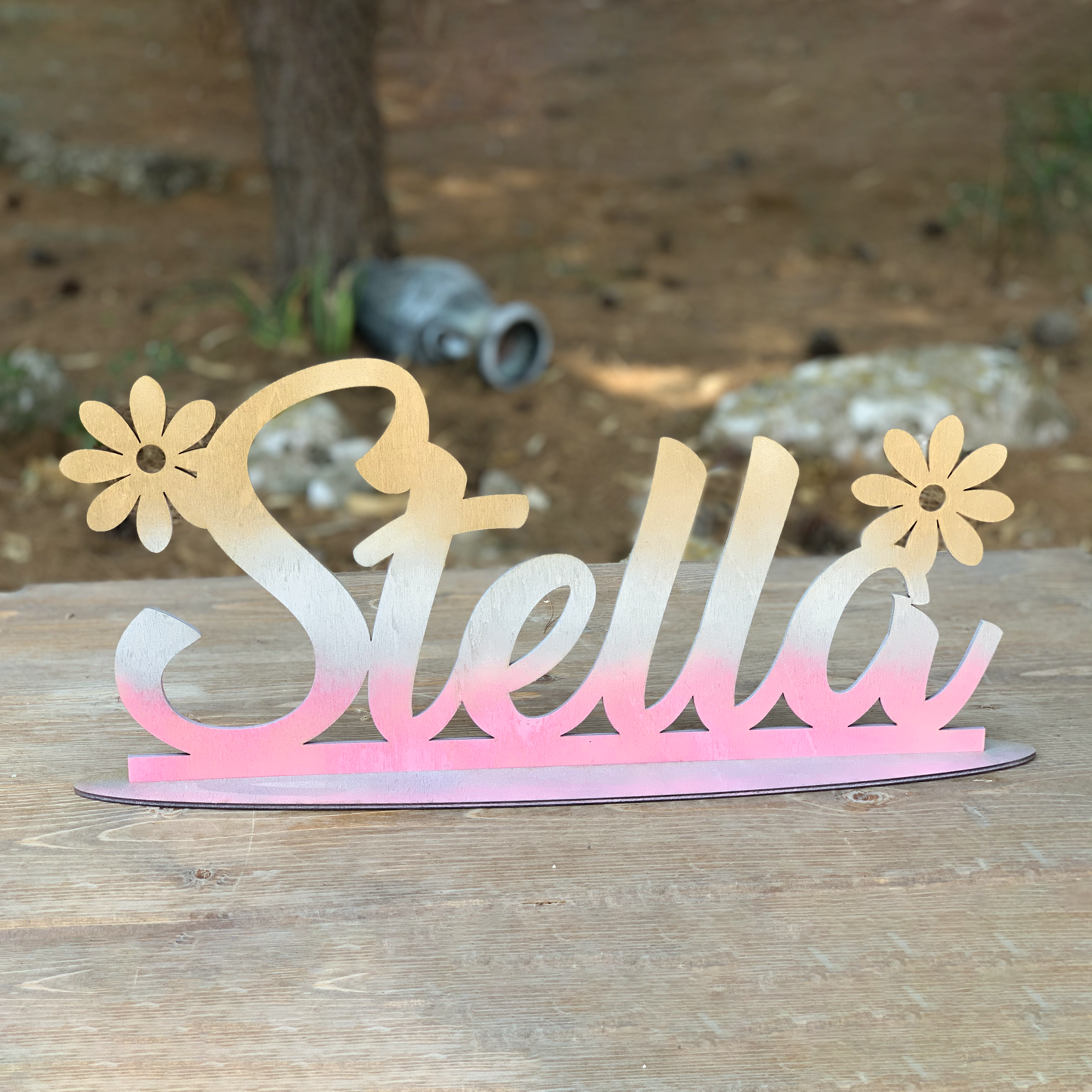 Scritta in legno con base con sfumatura di colore Rosa Argento Oro Idea's Cottage