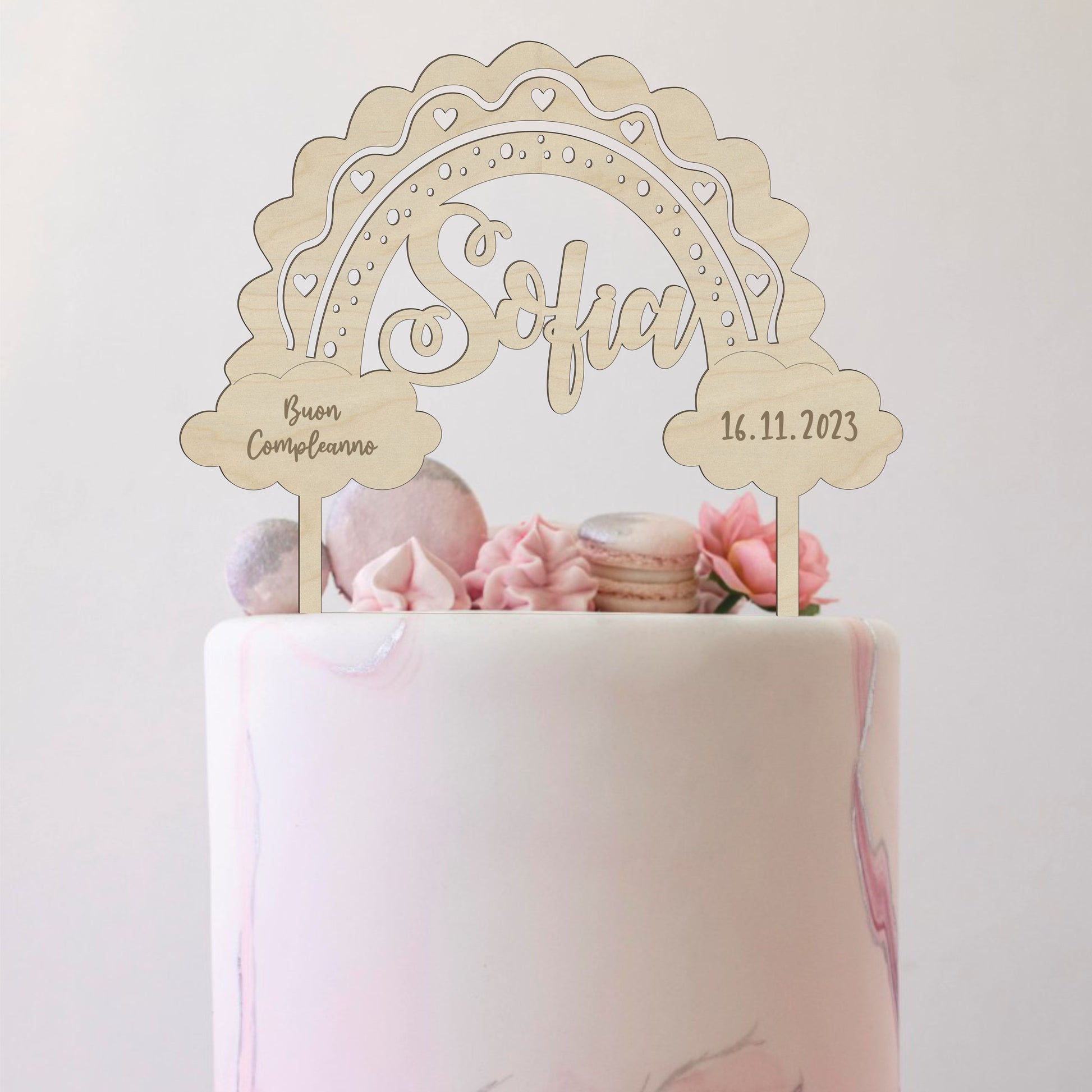 Cake topper in legno arcobaleno personalizzato con nome e data Idea's Cottage