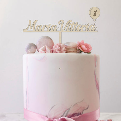 Cake topper in legno palloncino personalizzato con nome e numero compleanno Idea's Cottage
