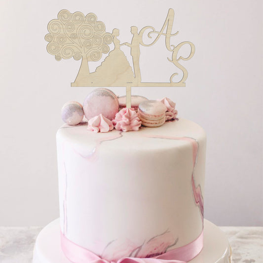 Cake topper in legno con sposi e albero della vita personalizzato con iniziali Idea's Cottage
