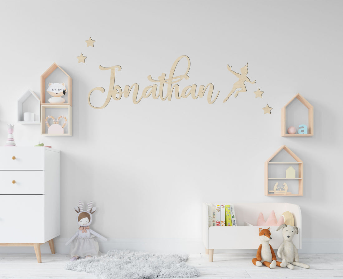Nome in legno da parete tema Peter pan con stelline adesivo murale Idea's Cottage