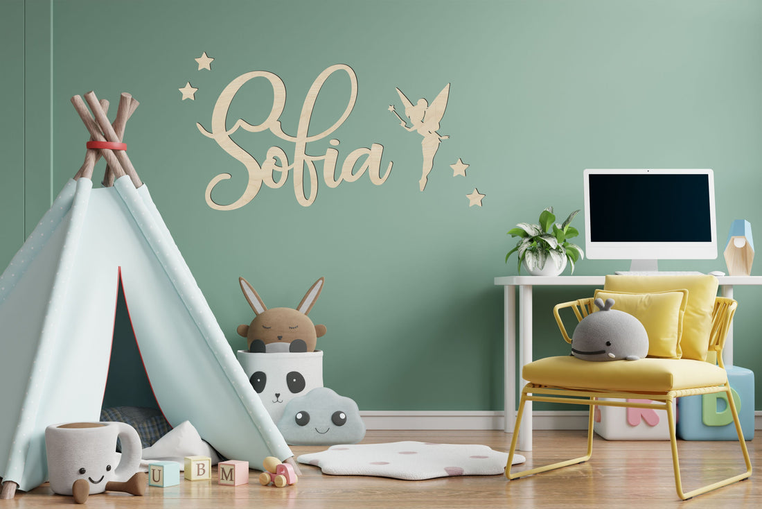 Nome in legno da parete con fatina e stelle adesivo murale Idea's Cottage