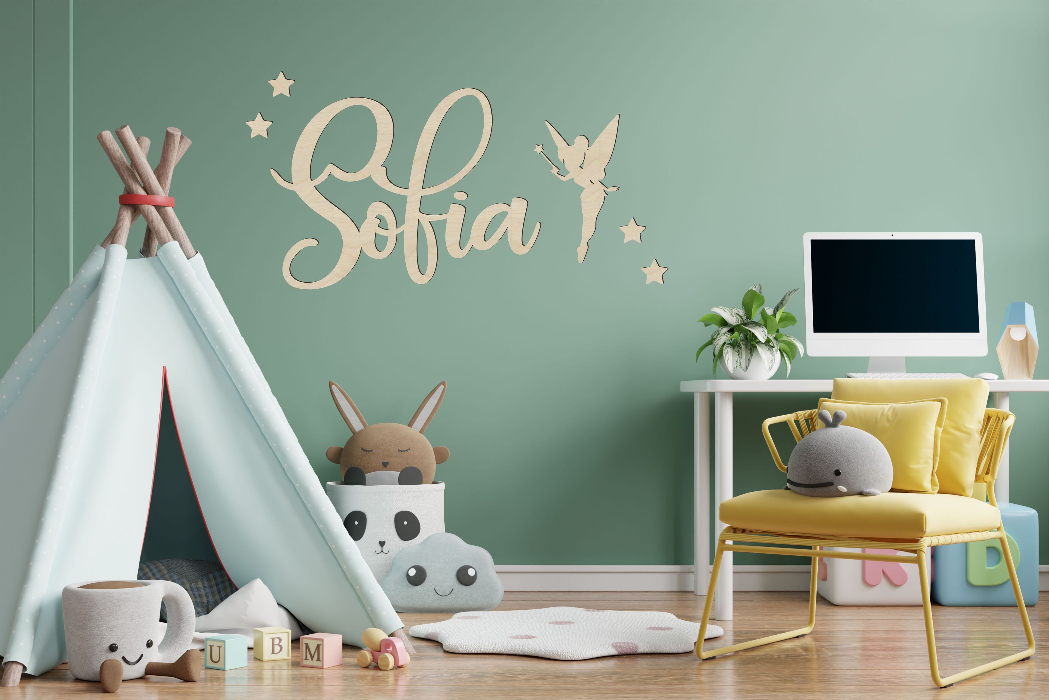 Nome in legno da parete con fatina e stelle adesivo murale Idea's Cottage