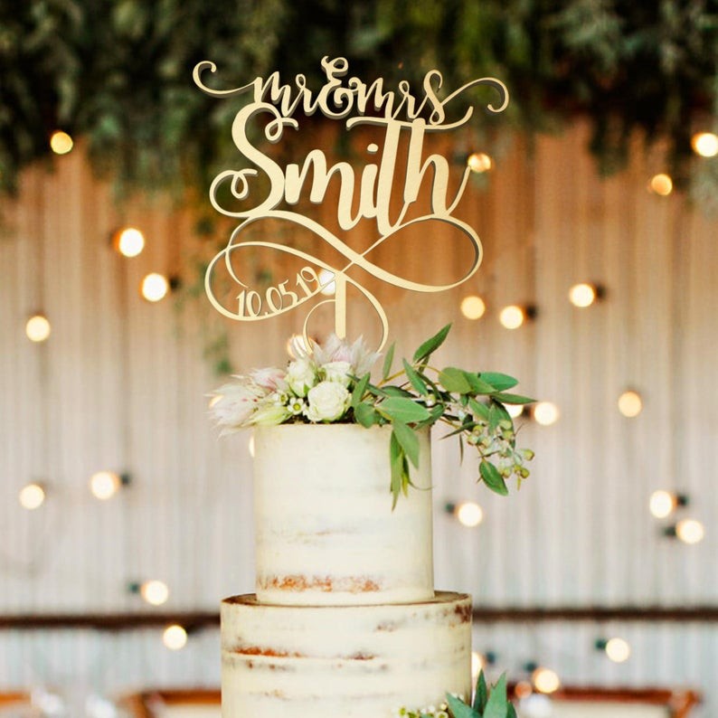 Cake Topper Mr & Mrs personalizzato, in legno, elegante e