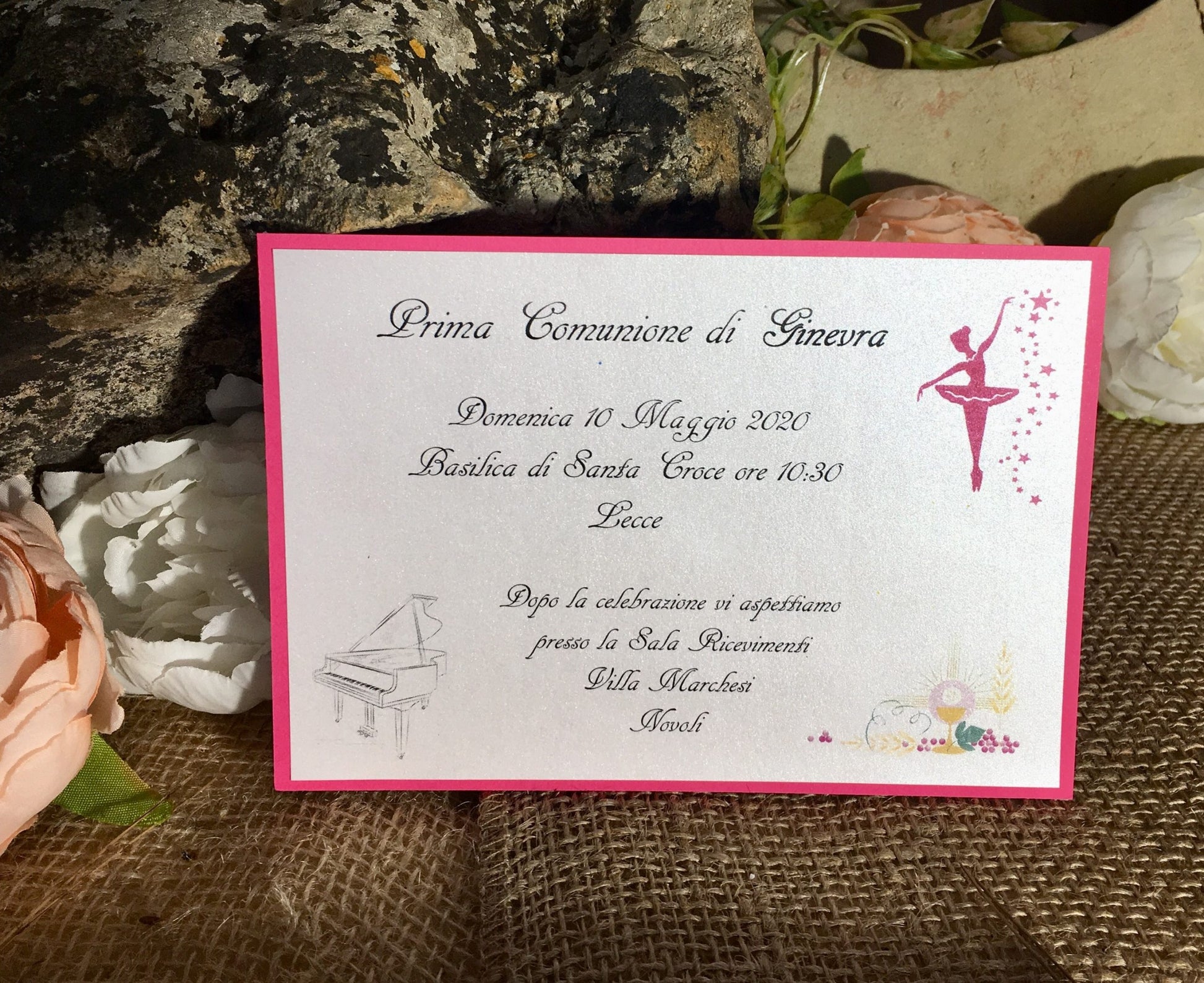 Partecipazione prima comunione fucsia e ballerina – Idea's Cottage