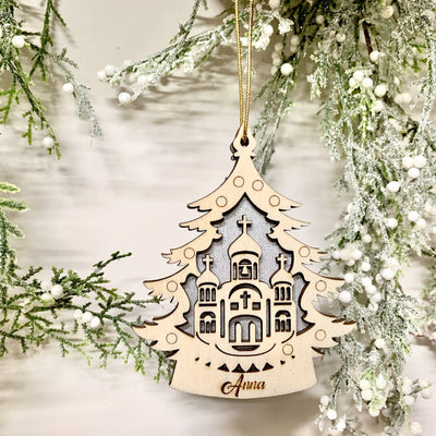Pallina per decorazioni natalizie personalizzate Albero di Natale e Chiesetta con nome Idea's Cottage