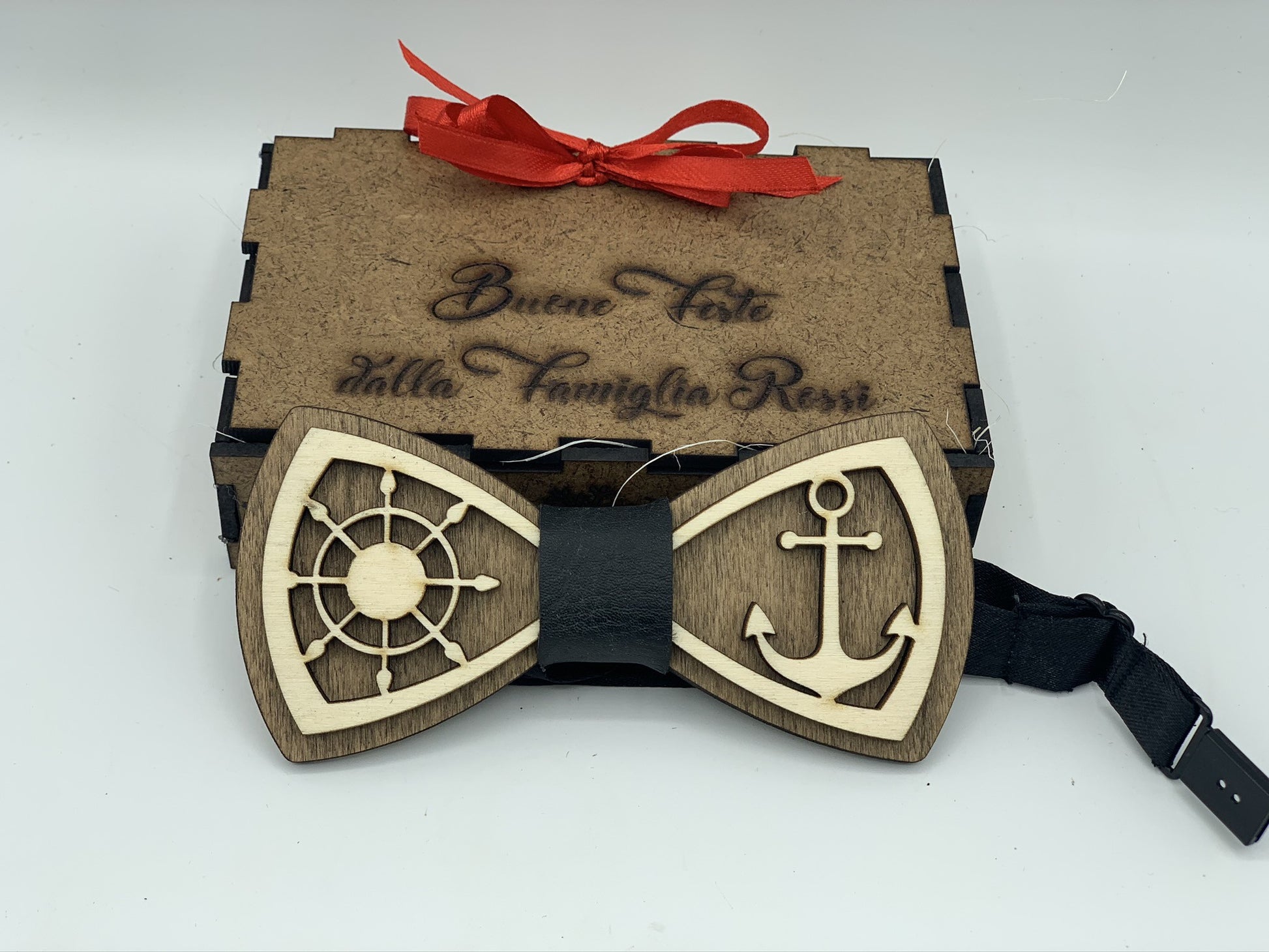 Papillon in legno Ancora e Timone con scatola regalo personalizzata Idea's Cottage