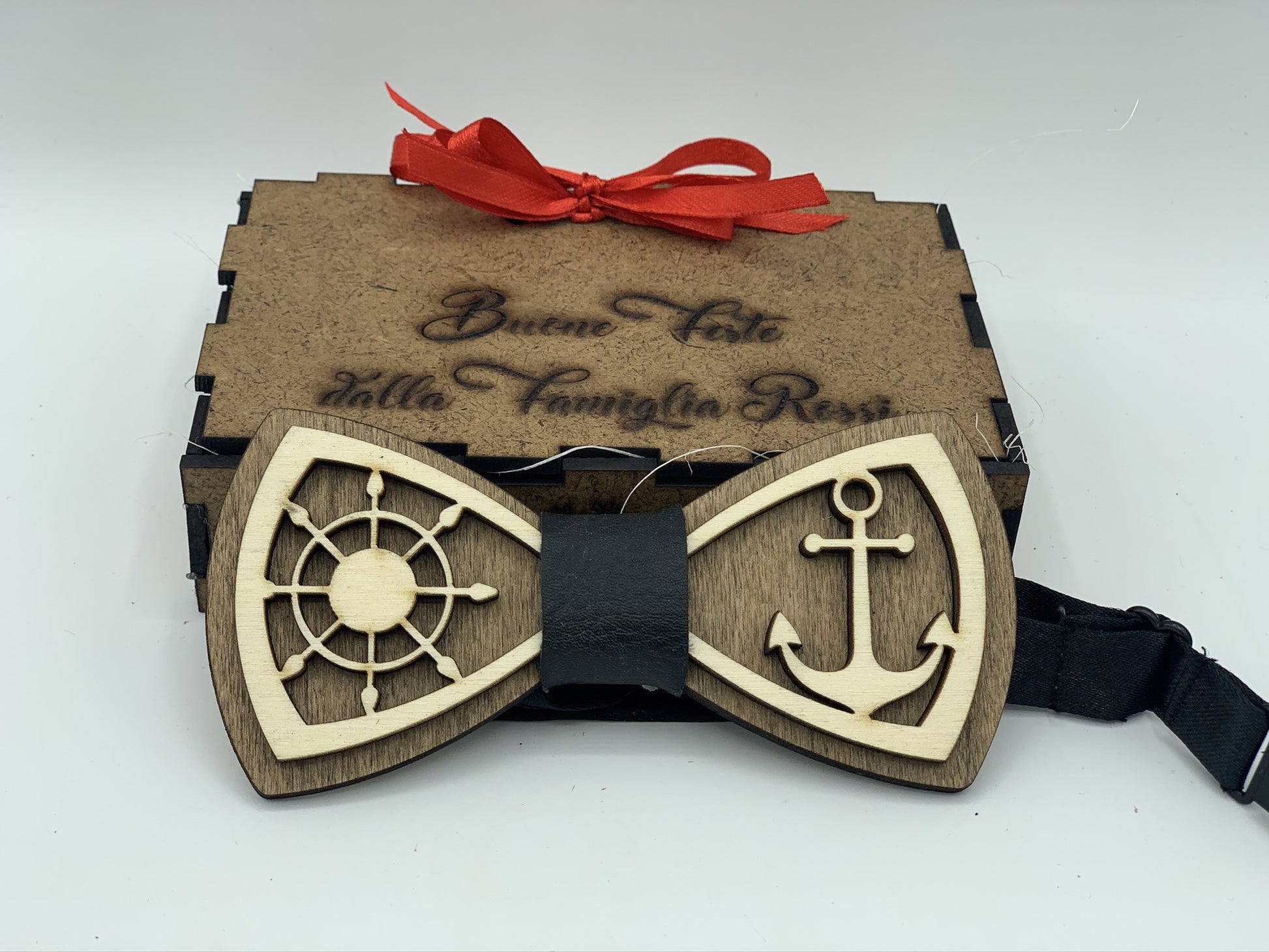 Papillon in legno Ancora e Timone con scatola regalo personalizzata Idea's Cottage